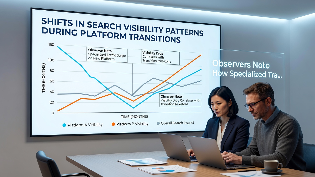 Timeline visualization of local ranking factor adjustments recorded by monitoring tools during a major content platform shift